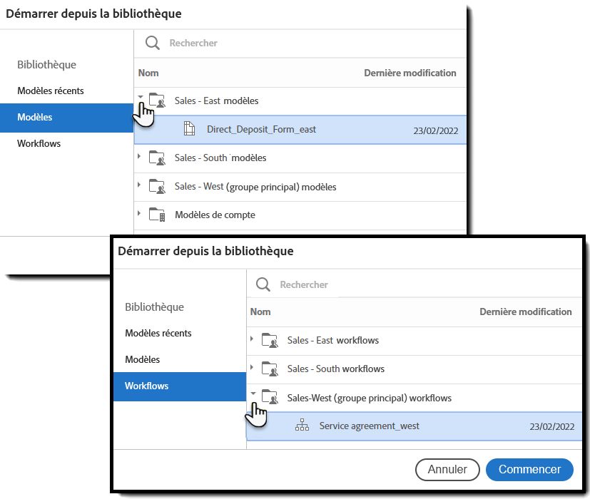 Démarrage d’un modèle ou d’un workflow à partir de la page d’accueil