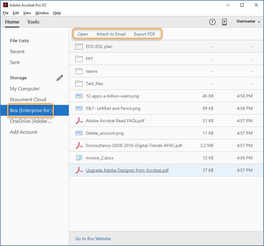 Ana ekran görünümündeki Box ve OneDrive bağlayıcıları