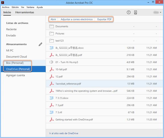 Conectores de Box y OneDrive en el modo Vista inicio