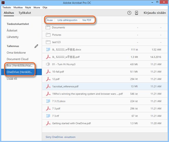 Box- ja OneDrive-kytkökset aloitusnäkymässä