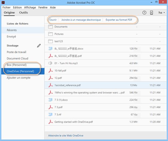Connecteurs Box et OneDrive dans la page d’accueil