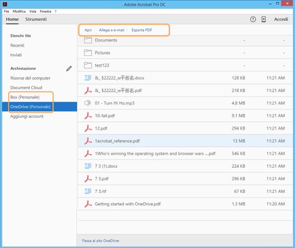 Connettori per Box e OneDrive nella vista Home