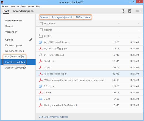 Box- en OneDrive-connectoren in de weergave Start