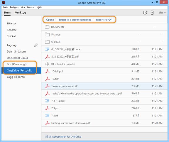 Box- och OneDrive-anslutningar i hemyn