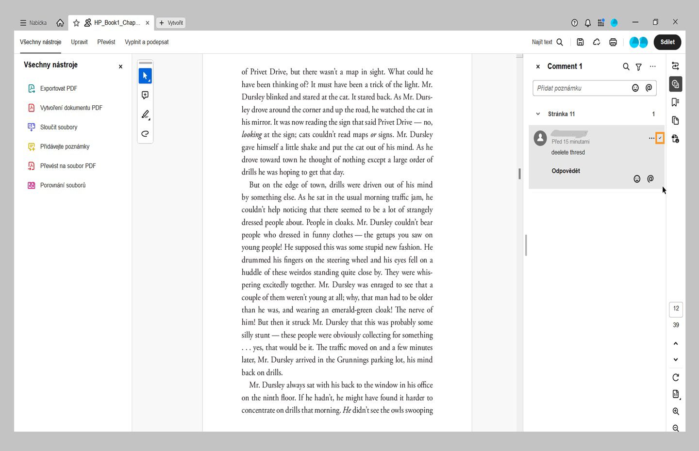 Je zvýrazněna možnost Vyřešit poznámku na panelu poznámek