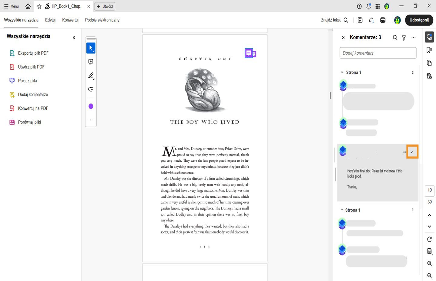Podświetlenie rozwiązania komentarza w panelu komentarzy