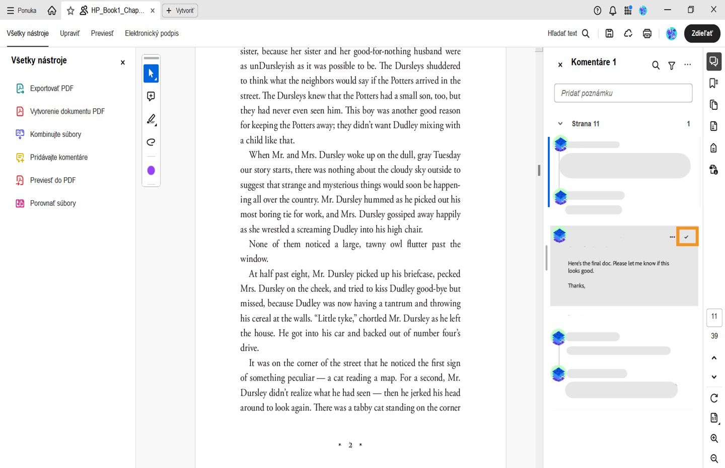 Možnosť Vyriešiť komentár na paneli komentárov je zvýraznená
