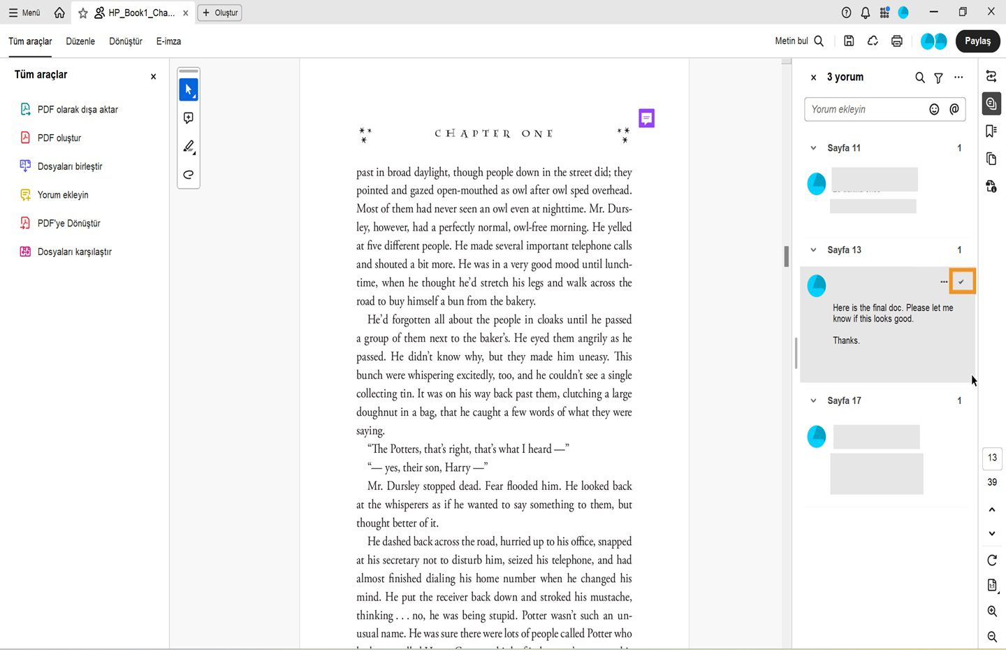 Yorum panelinde Yorumu çözümle seçeneği vurgulanıyor