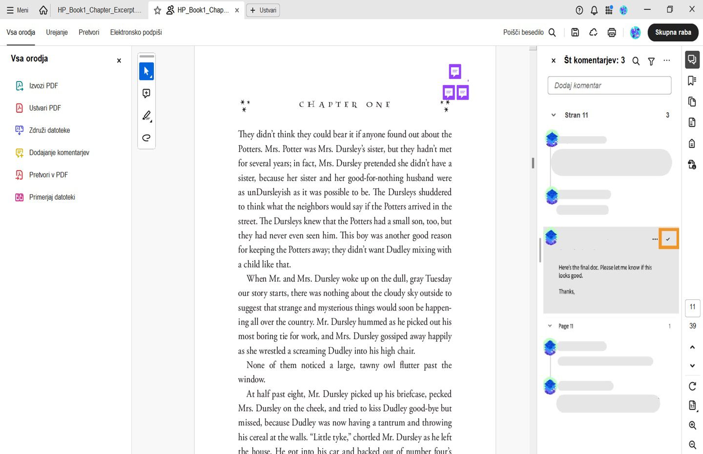 Na plošči s komentarji je označena možnost Razreši komentar