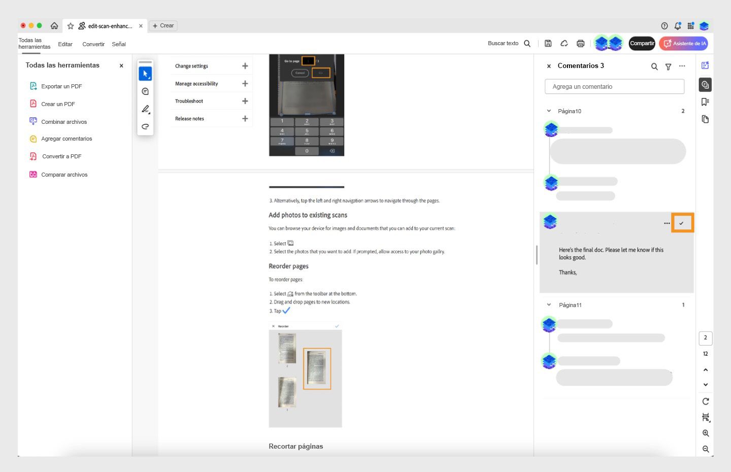 Aparece resaltado Resolver comentario en el panel de comentarios