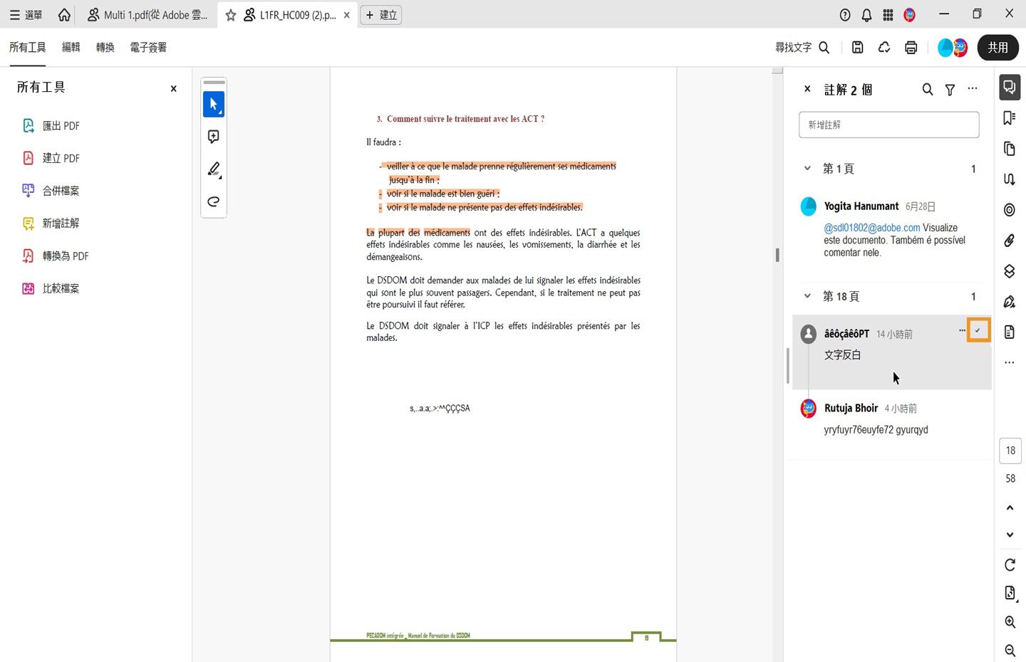 強調顯示了註解面板中的解決註解