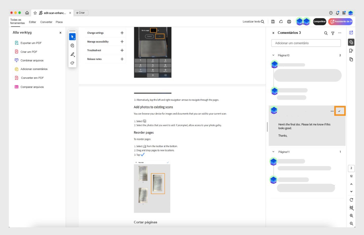 A opção Resolver comentário destacada no painel de comentários