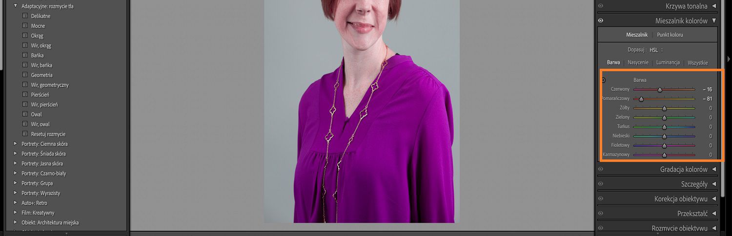 Zdjęcie dzieci jest na obszar roboczy lightroom, gdzie panel HSL i jego suwak jest podświetlony.