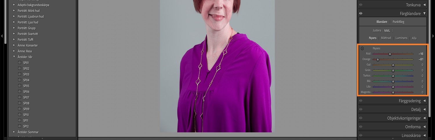 Barnbild finns på Lightroom arbetsyta där HSL panel och dess reglage är markerade.