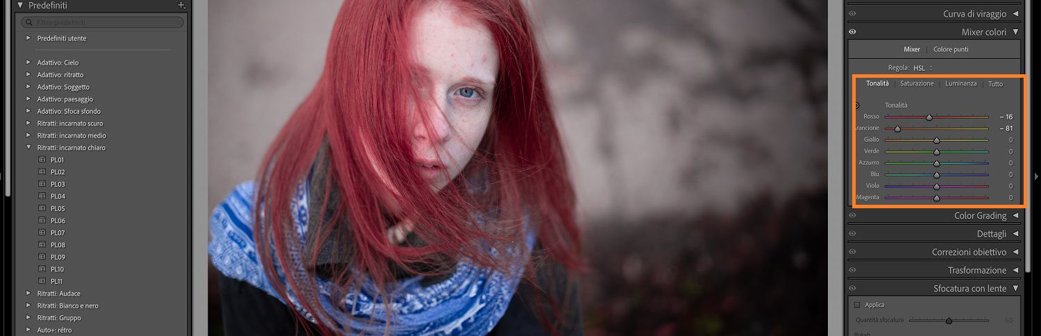 L'immagine dei bambini è nell'area di lavoro di lightroom dove il pannello HSL e il suo cursore sono evidenziati.