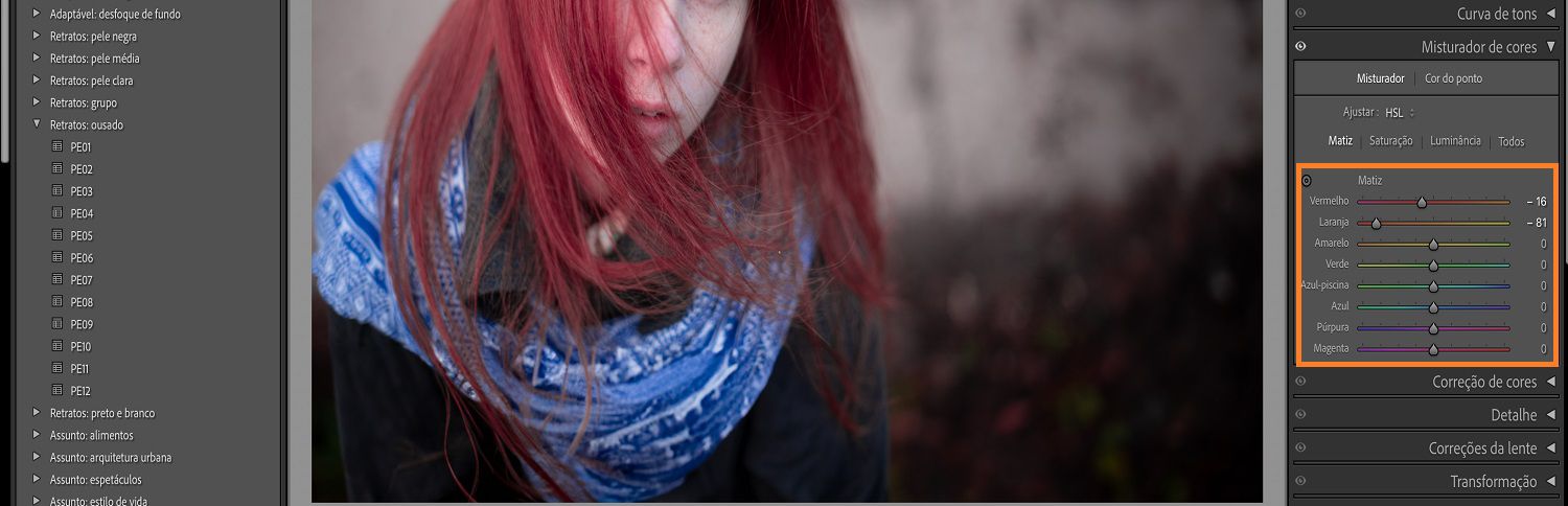 A imagem das crianças está na tela do Lightroom, onde o painel HSL e seu controle deslizante estão destacados.