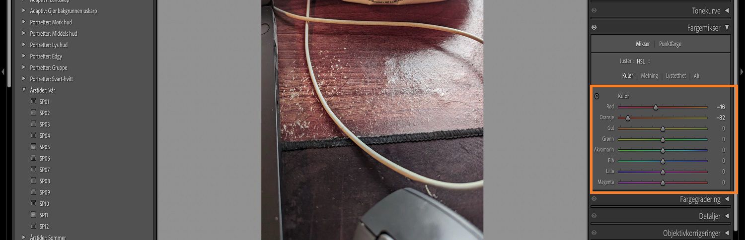 Barnebilde er på Lightroom-lerretet hvor HSL-panelet og glidebryteren er fremhevet.