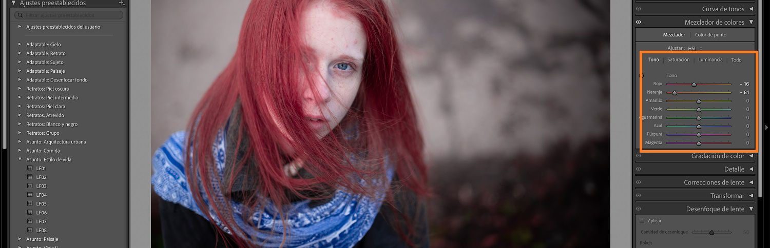 La imagen de niños está en el lienzo de Lightroom donde se resalta el panel HSL y su control deslizante.