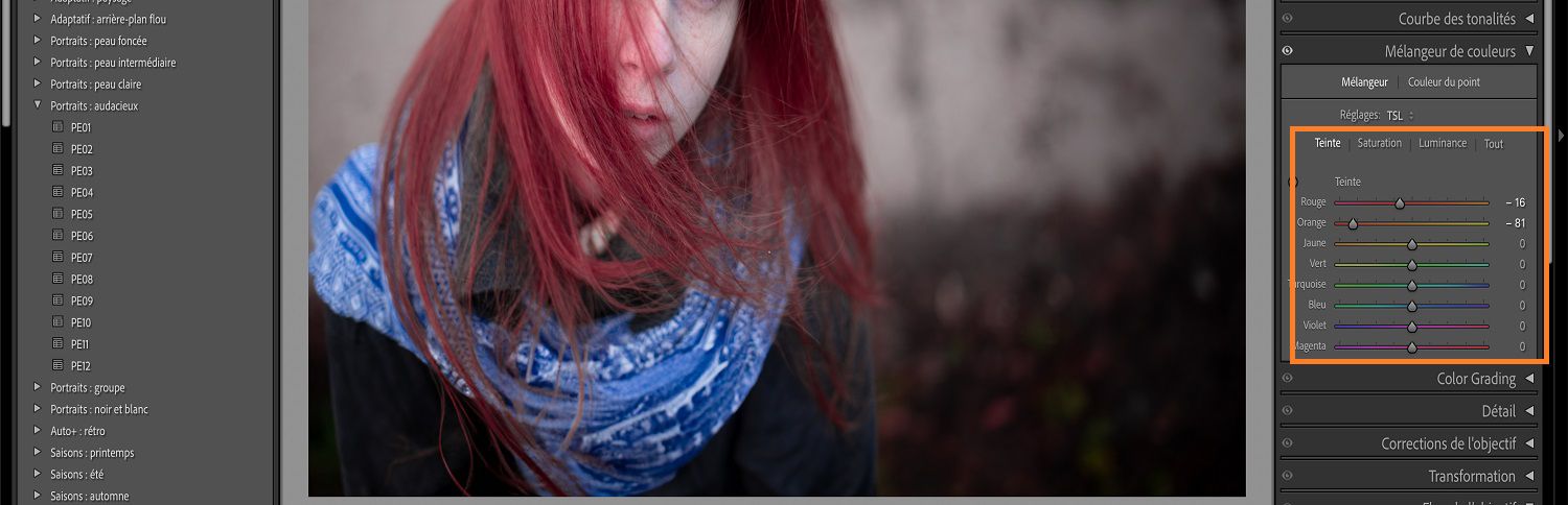 L’image des enfants se trouve sur la zone de travail Lightroom où le panneau HSL et son curseur sont mis en évidence.