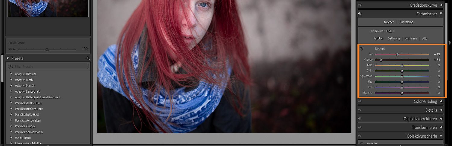 Ein Kinderbild auf der Arbeitsfläche von Lightroom. Das HSL-Bedienfeld und dessen Regler sind hervorgehoben.