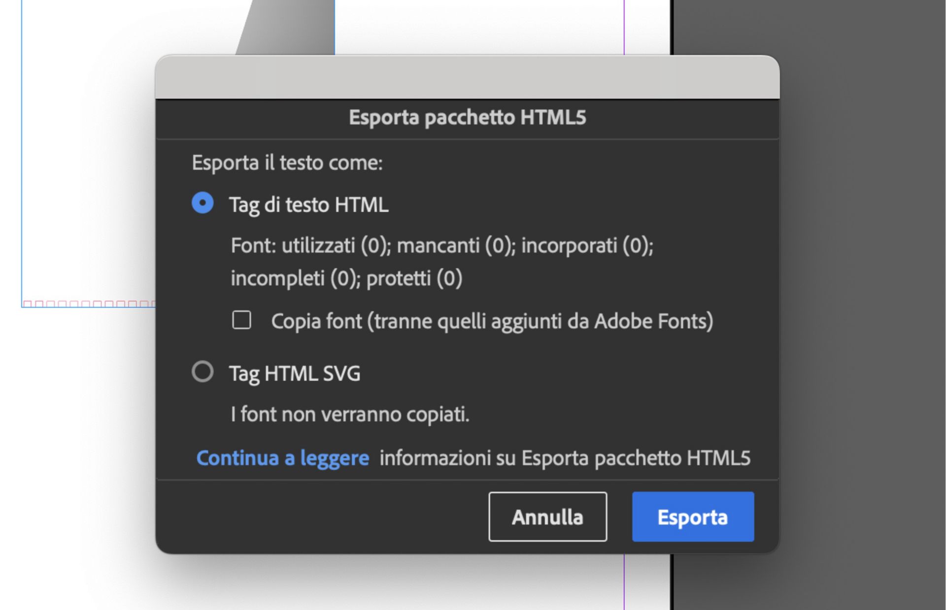 Finestra di dialogo Esporta pacchetto HTML5