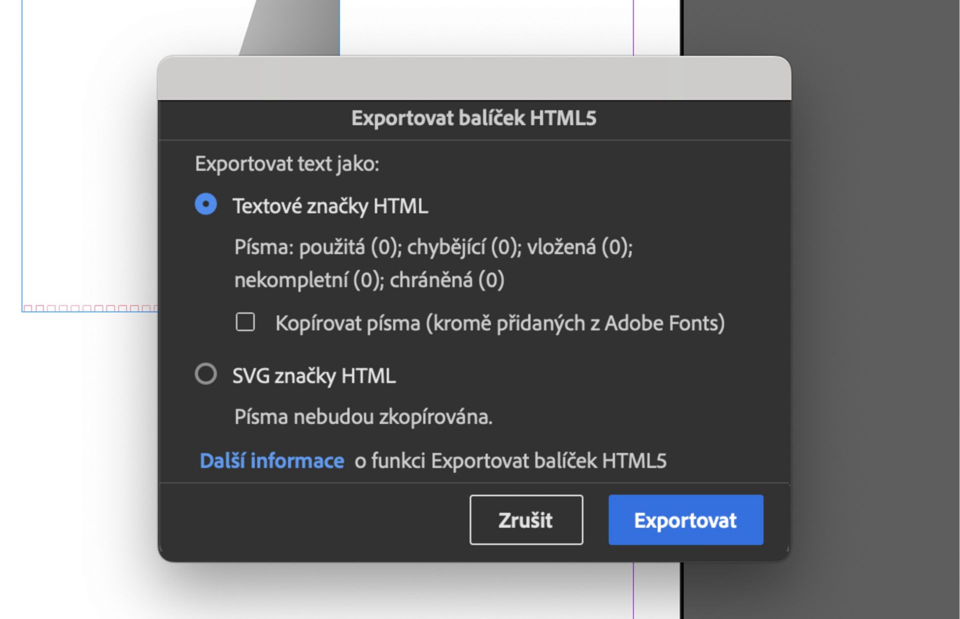 Dialogové okno Exportovat balíček HTML5