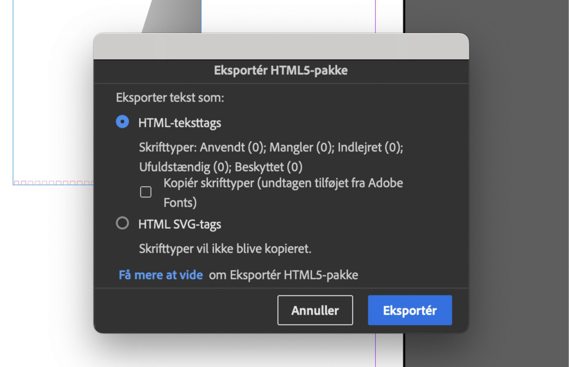 Dialogboksen Eksportér HTML5-pakke