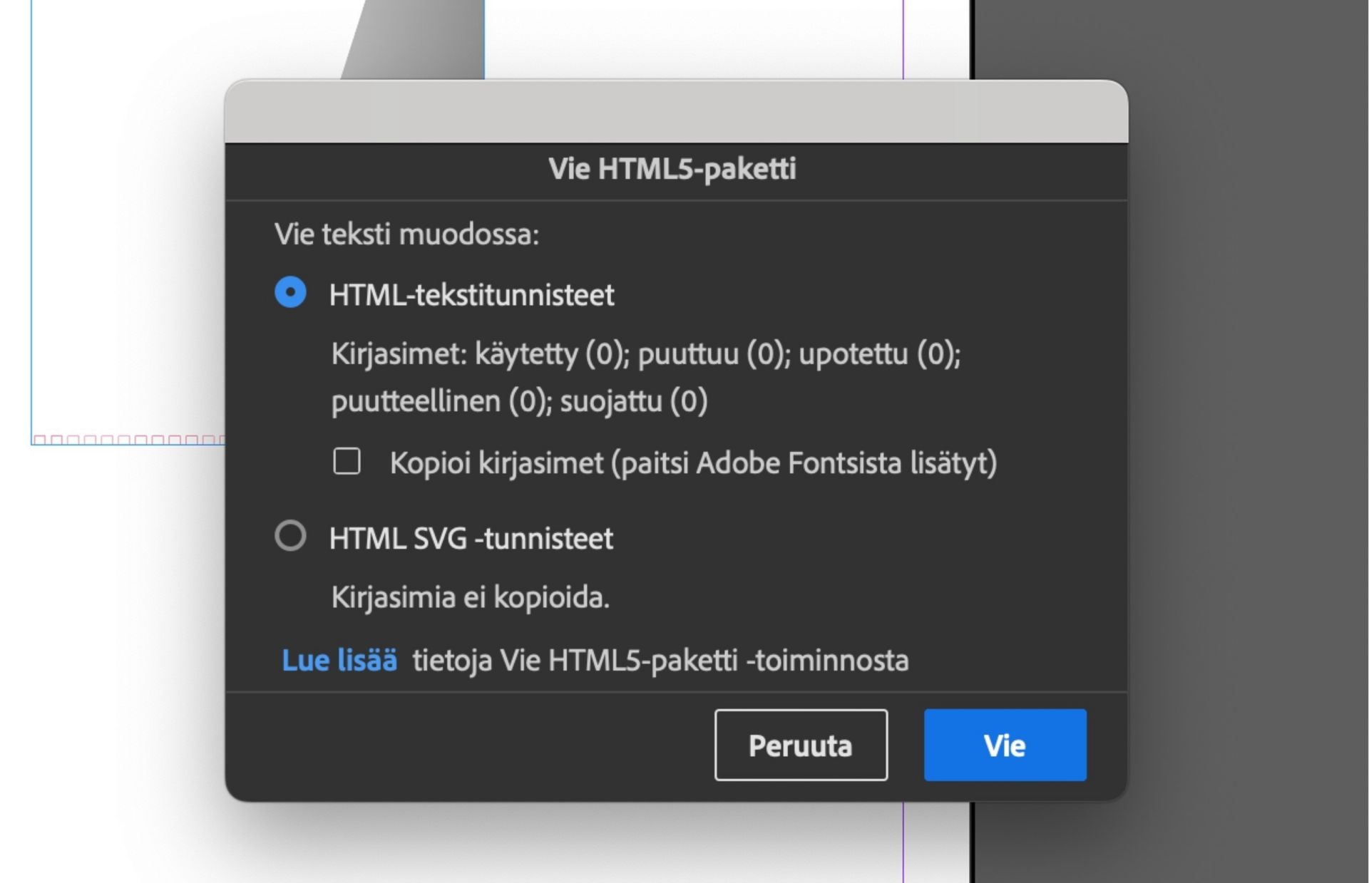 Vie HTML5-paketti ‑valintaikkuna