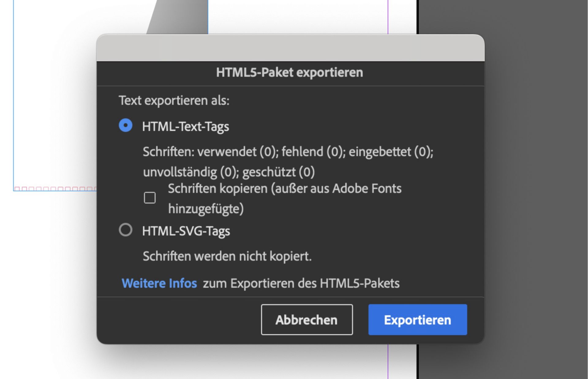 Dialogfeld „HTML5-Paket exportieren“