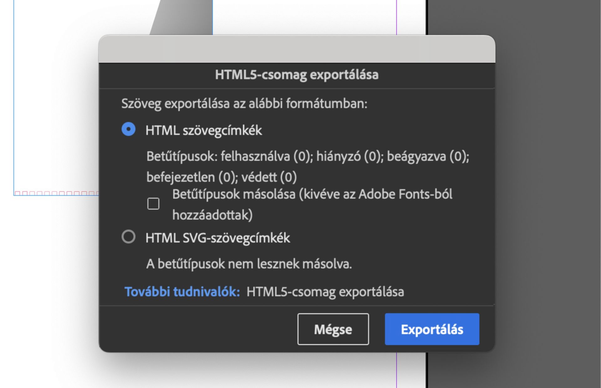 HTML5-csomag exportálása párbeszédpanel