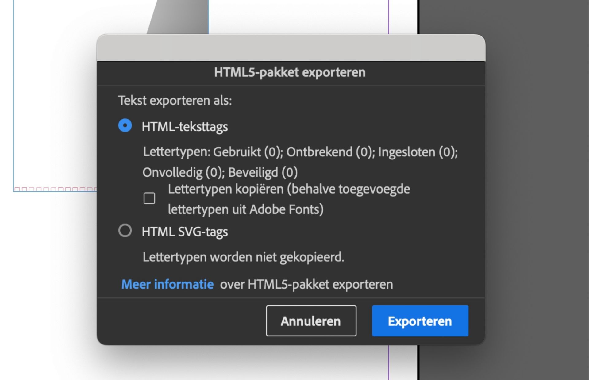 Dialoogvenster HTML5-pakket exporteren
