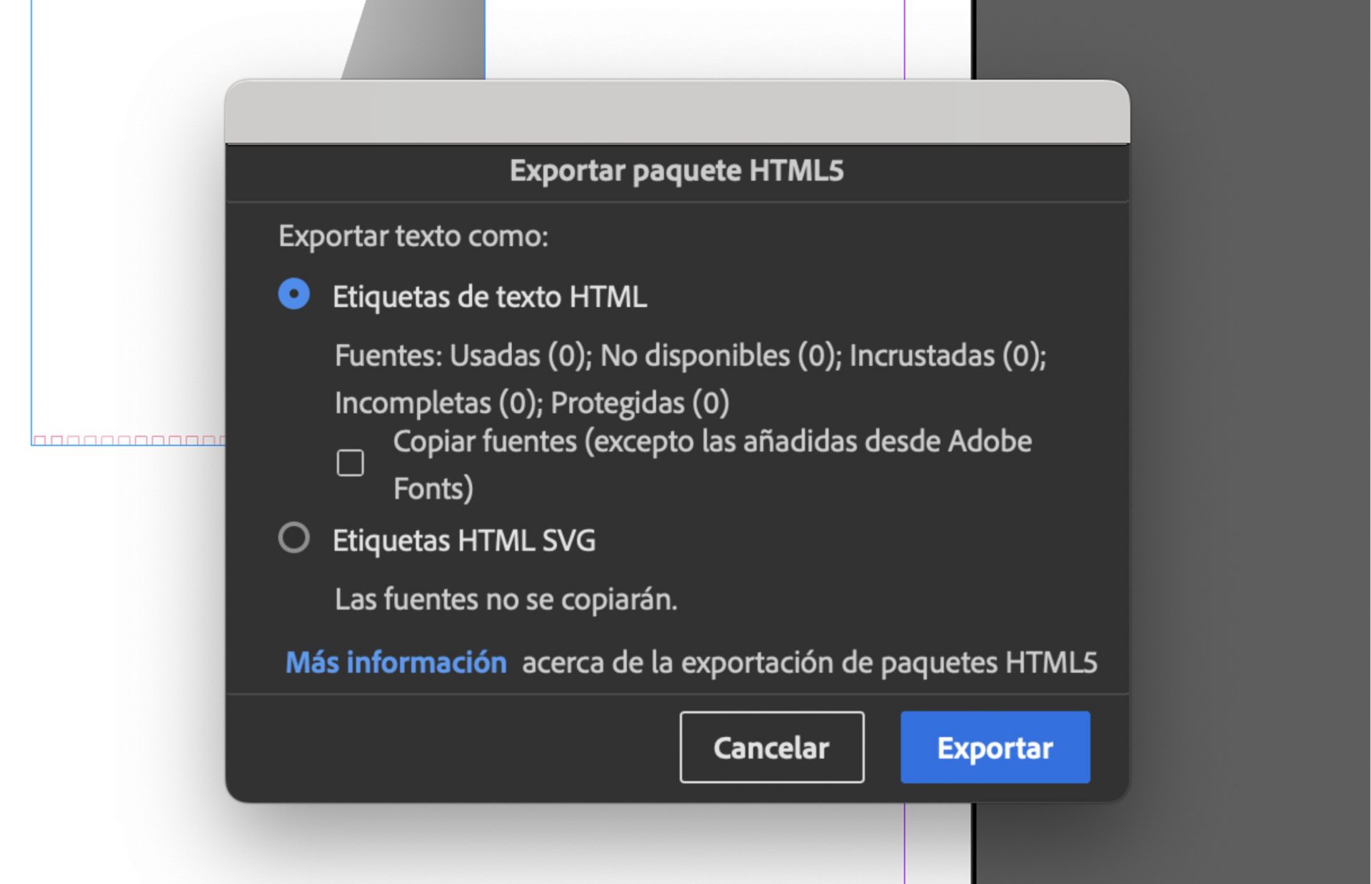 Diálogo Exportar paquete HTML5