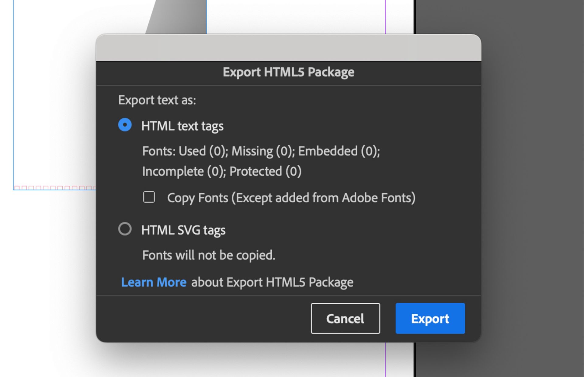 حوار تصدير حزمة HTML5