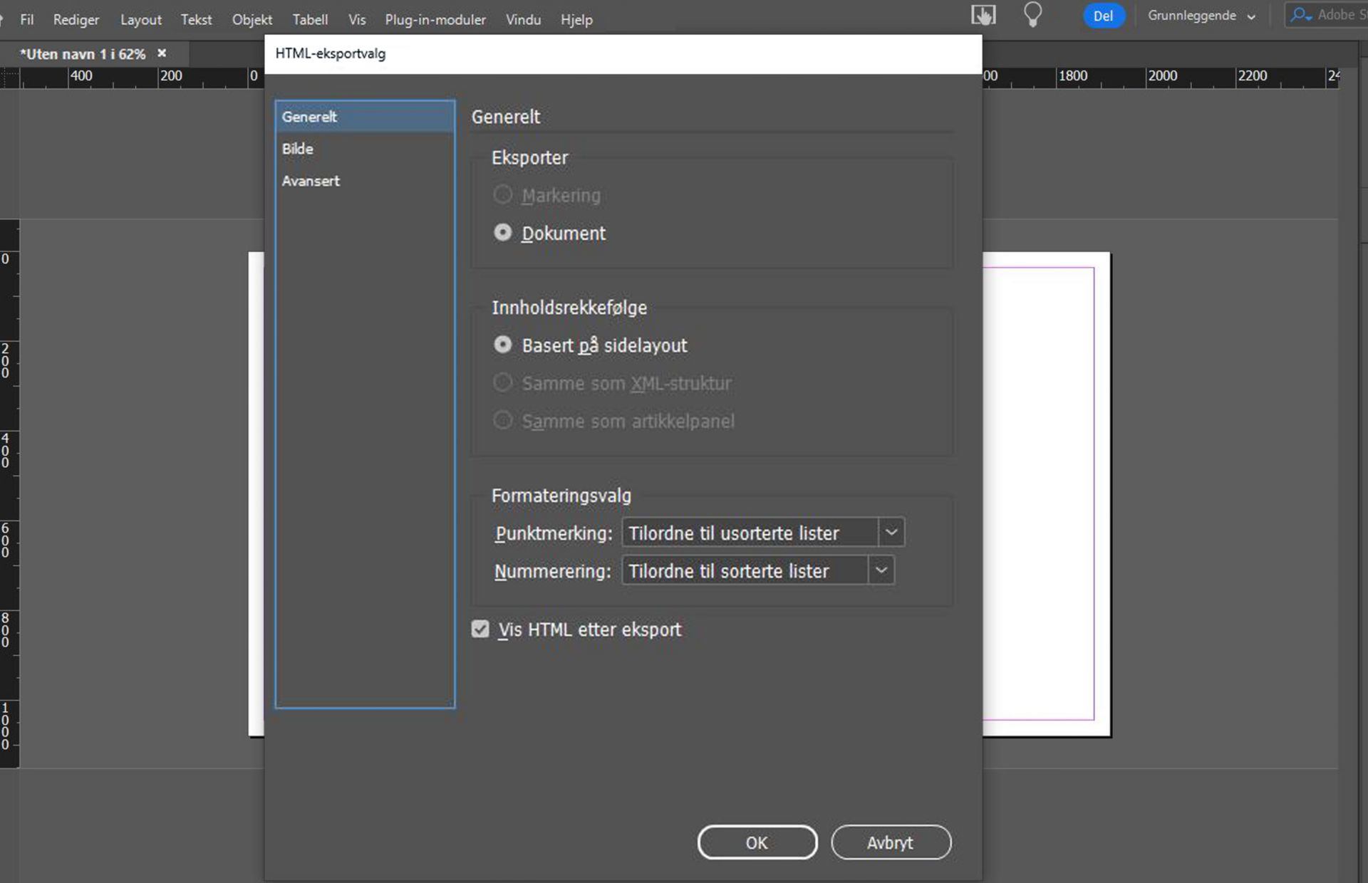 Generelt-fanen, der det blir vist forskjellige alternativer