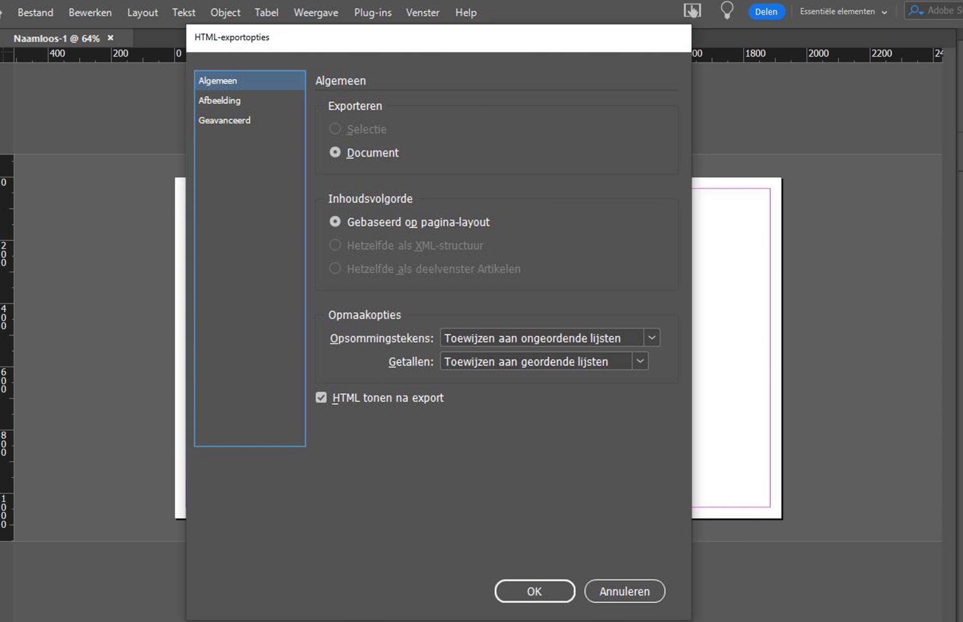 tabblad Algemeen met verschillende opties
