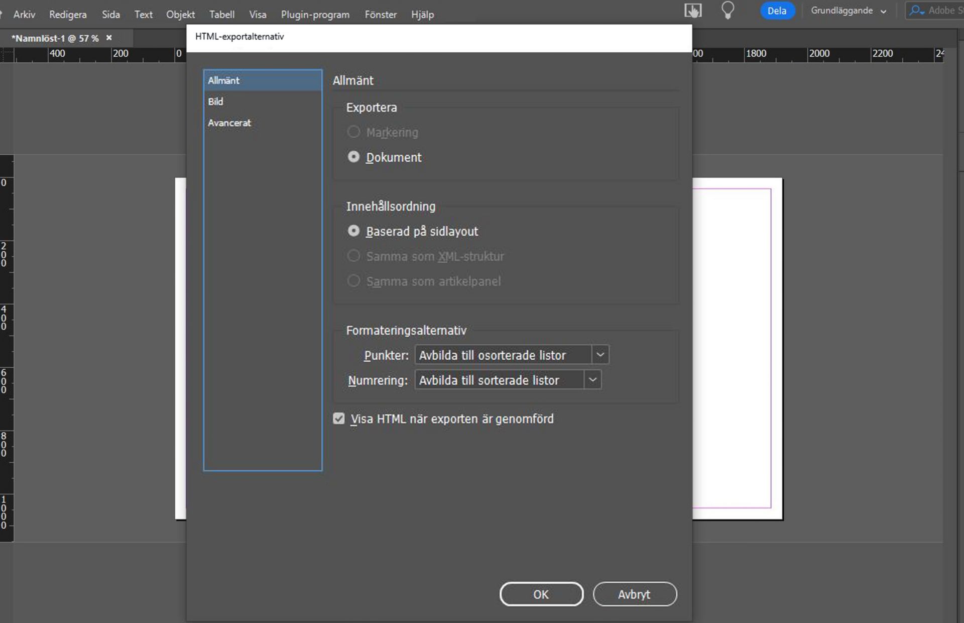 fliken Allmänt med olika alternativ