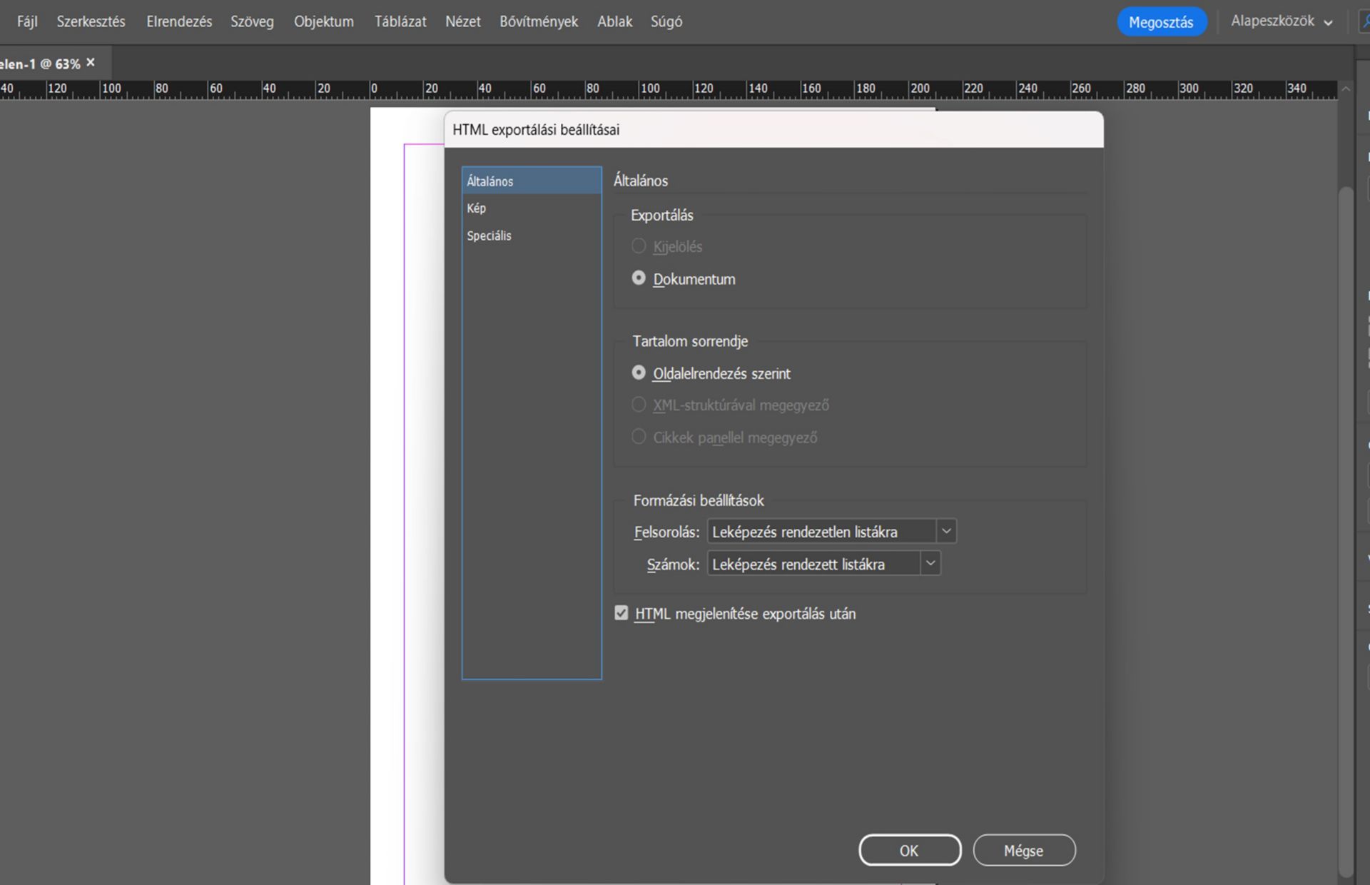általános lap különböző beállításokkal