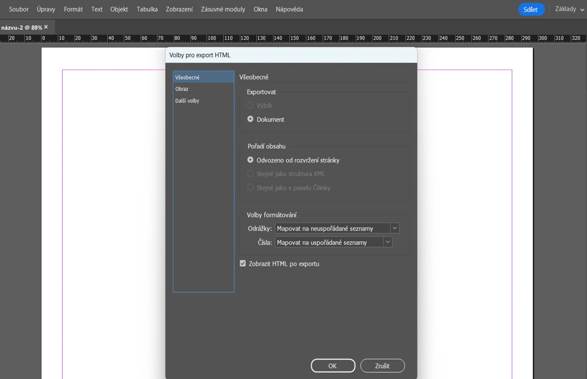 karta Obecné zobrazující různé možnosti