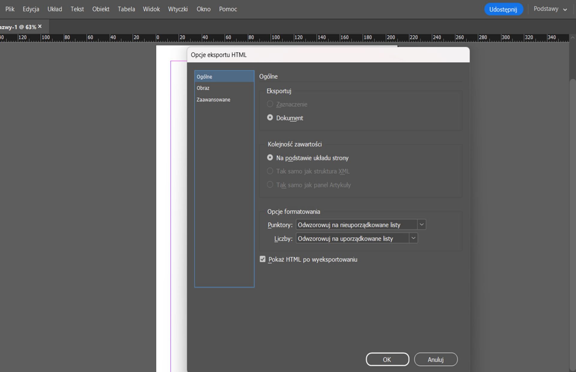 karta ogólne pokazuje różne opcje