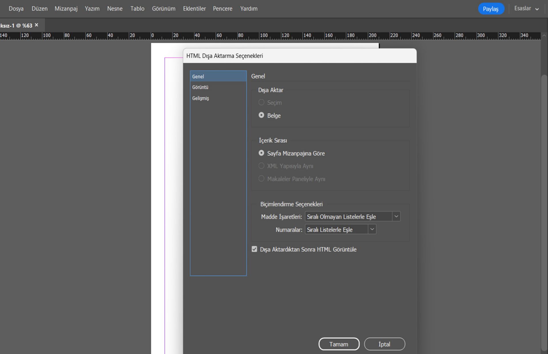çeşitli seçenekleri gösteren genel sekmesi