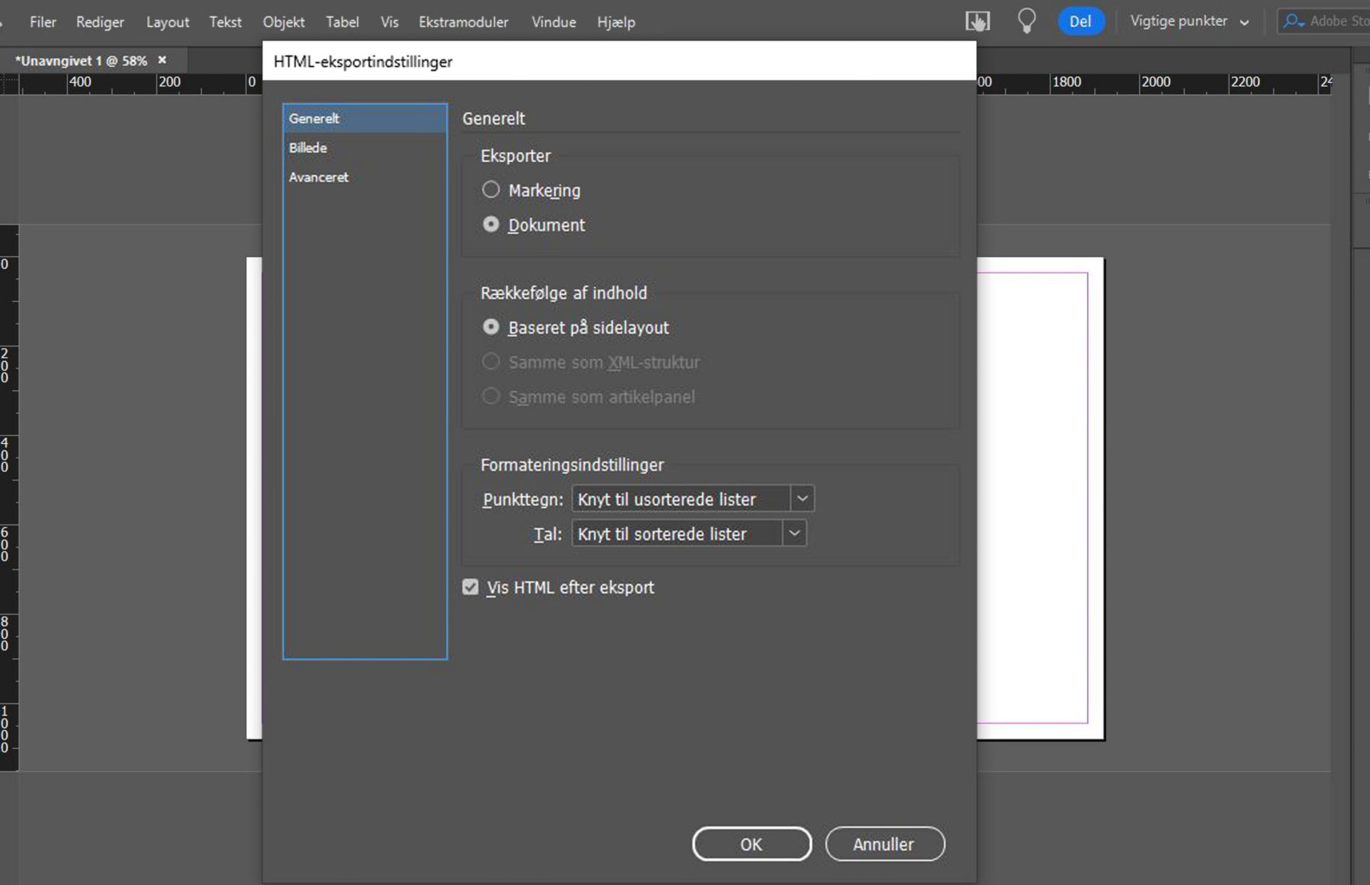 fanebladet Generelt med forskellige valgmuligheder
