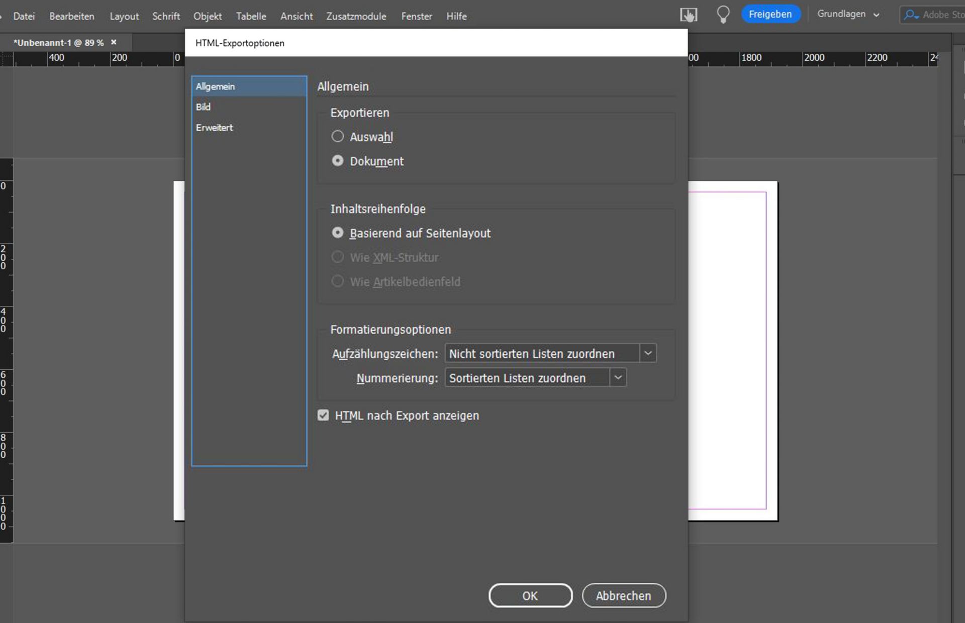 Registerkarte „Allgemein“ mit verschiedenen Optionen