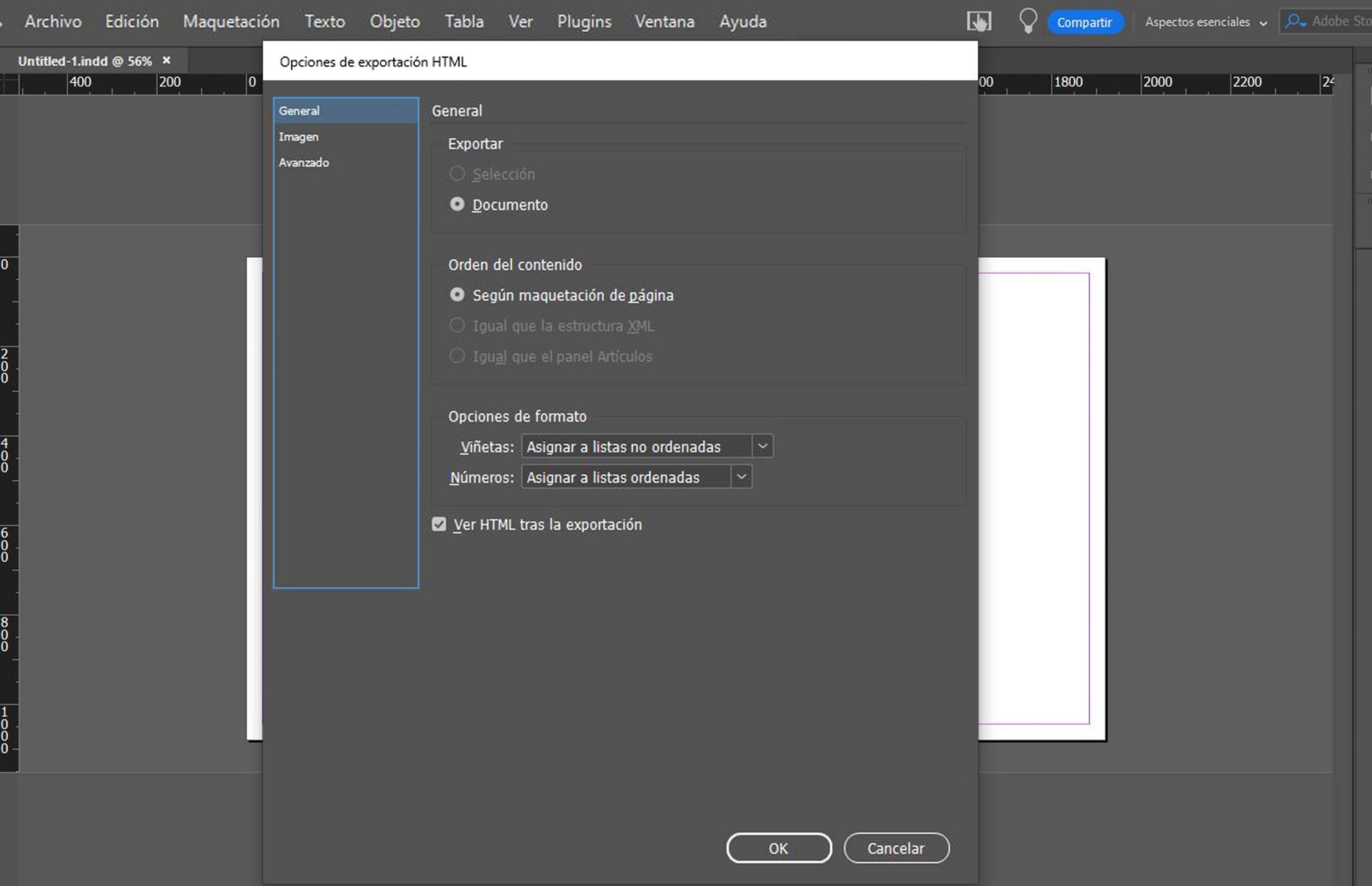 Pestaña general que muestra varias opciones