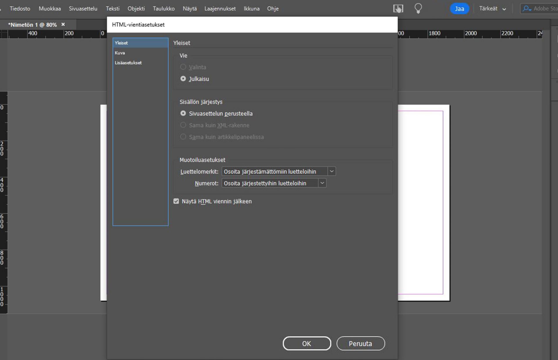 Yleiset-välilehti, jossa näkyy eri asetuksia