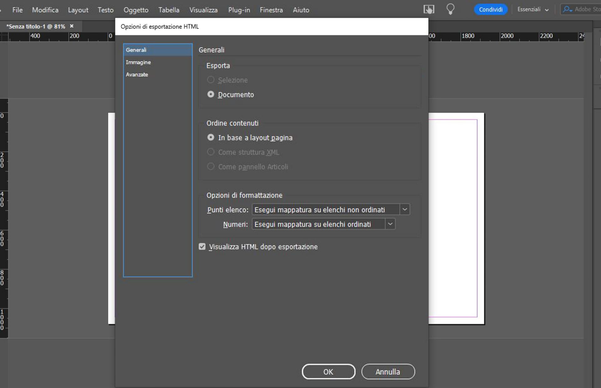 scheda generale che mostra varie opzioni