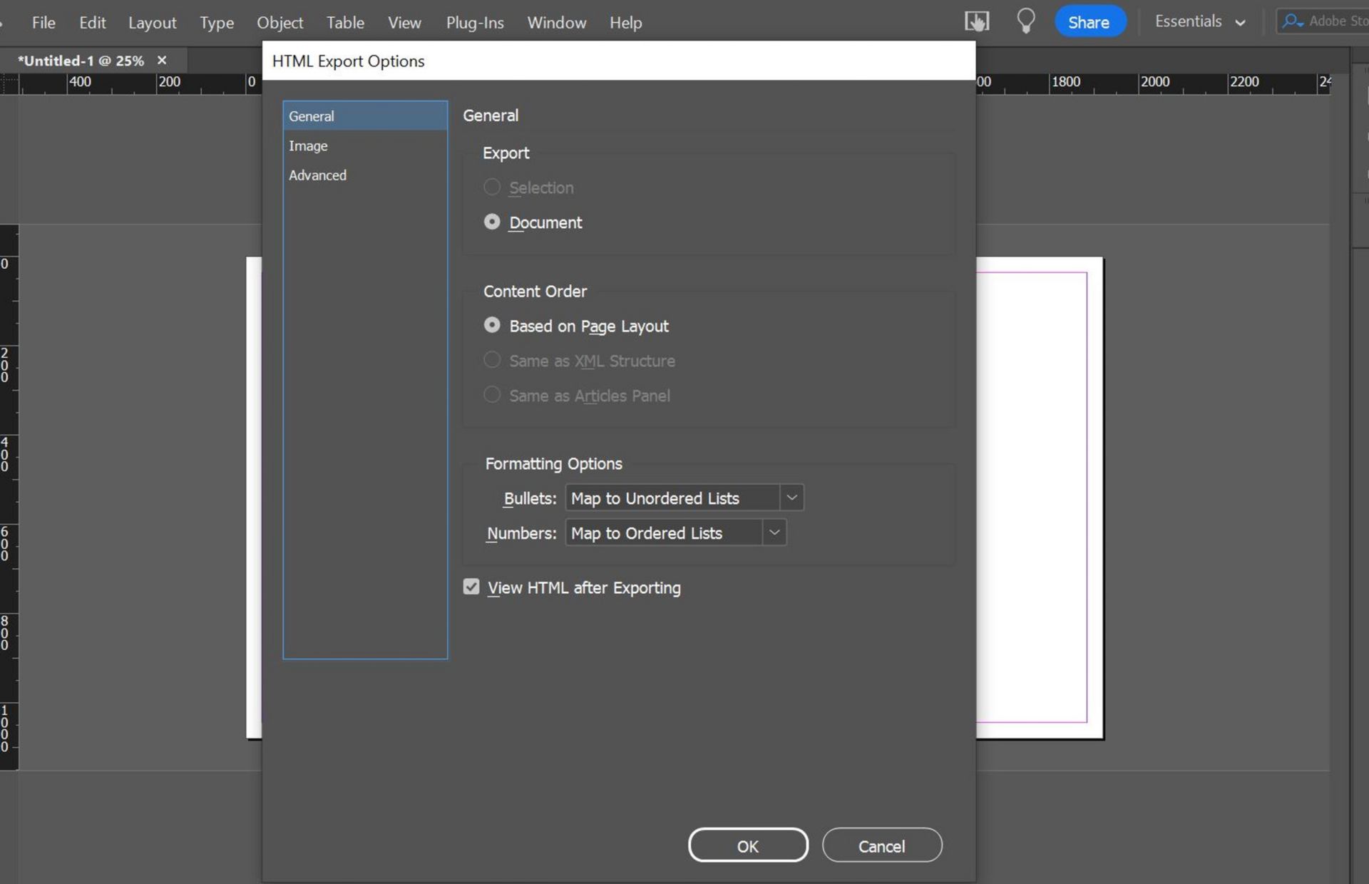 general tab showing various options