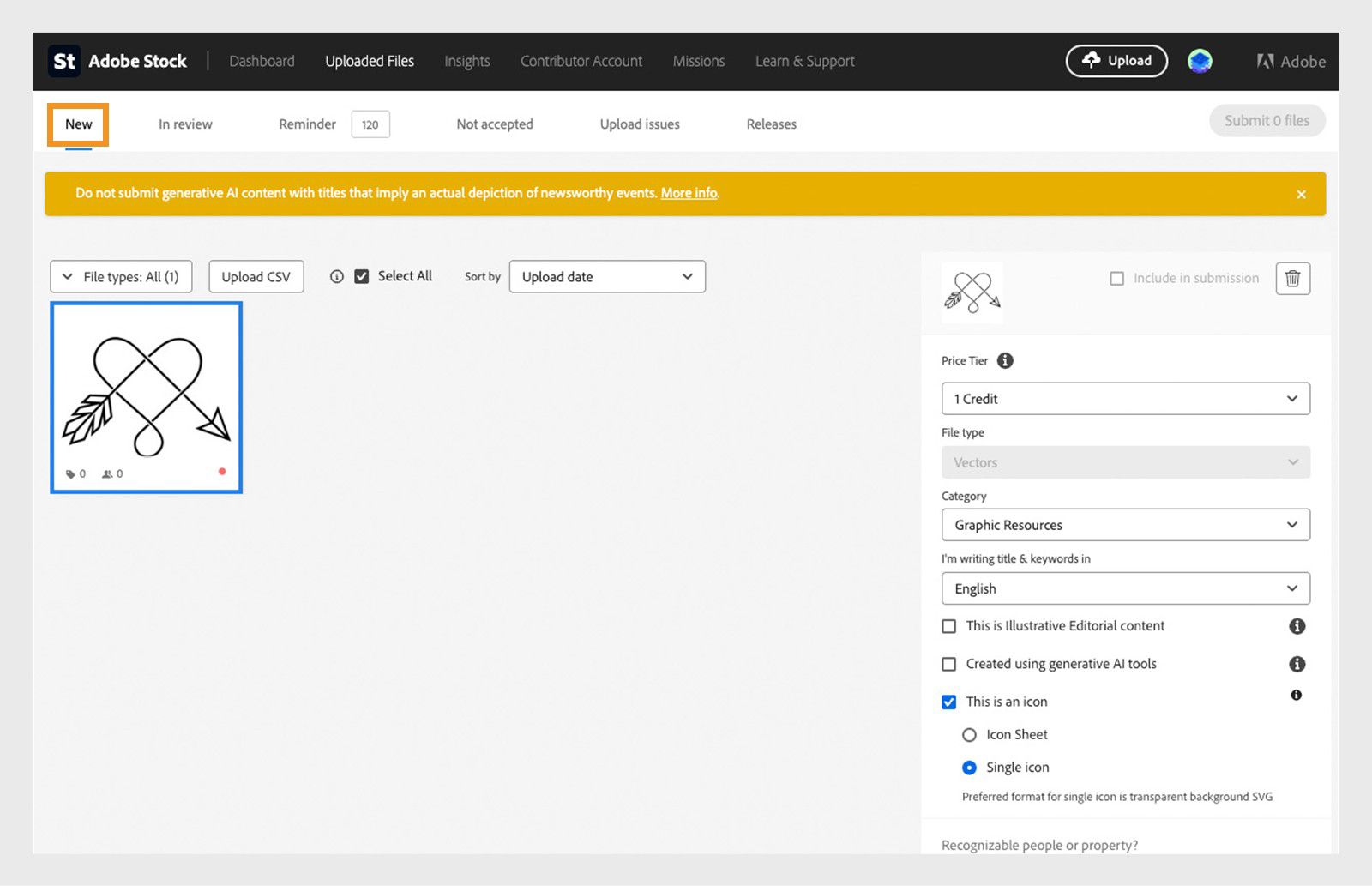 Screenshot der Adobe Stock-Seite „Hochgeladene Dateien“ zeigt die Registerkarte „Neu“ mit hochgeladenen Bildern, dem Dateidetails-Bedienfeld rechts und Optionen zum Hinzufügen von Metadaten wie Kategorie, Keywords sowie Einstellungen für die Einreichung.