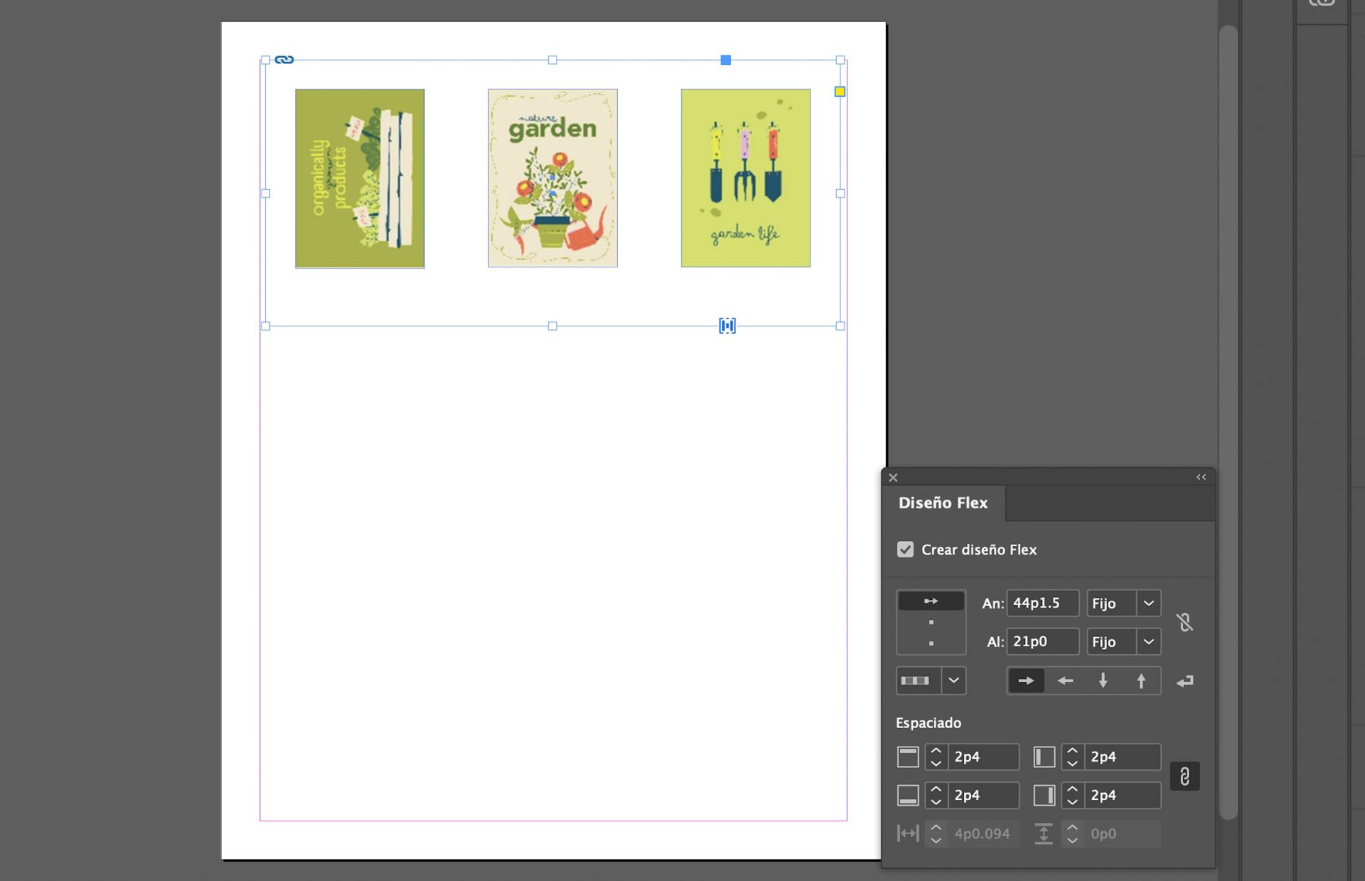 Las tres imágenes han sido modificadas utilizando las propiedades de diseño Flex en el panel de diseño Flex.