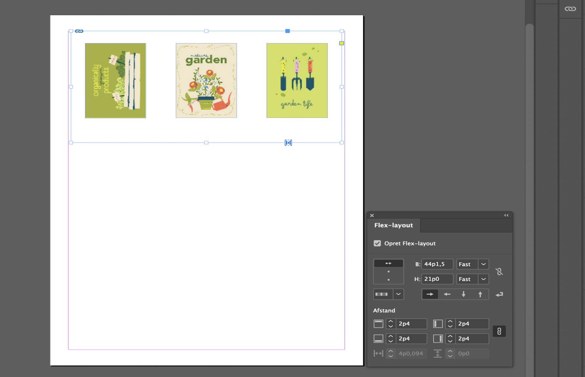 Alle tre billeder er blevet ændret ved hjælp af flex-layout-egenskaberne i flex-layout-panelet.