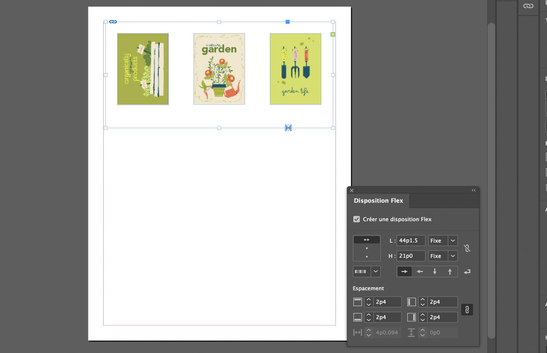 Les trois images ont été modifiées à l’aide des propriétés de la Disposition Flex dans le panneau Disposition Flex.